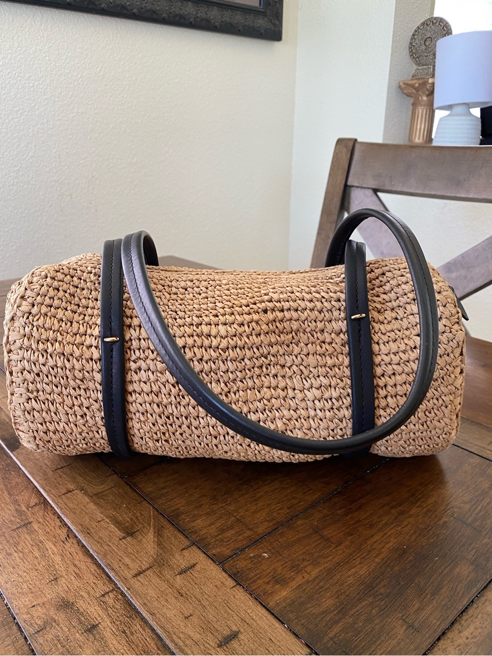 Madewell Woven Straw Barrel Bag with Dark Brown Leather Straps